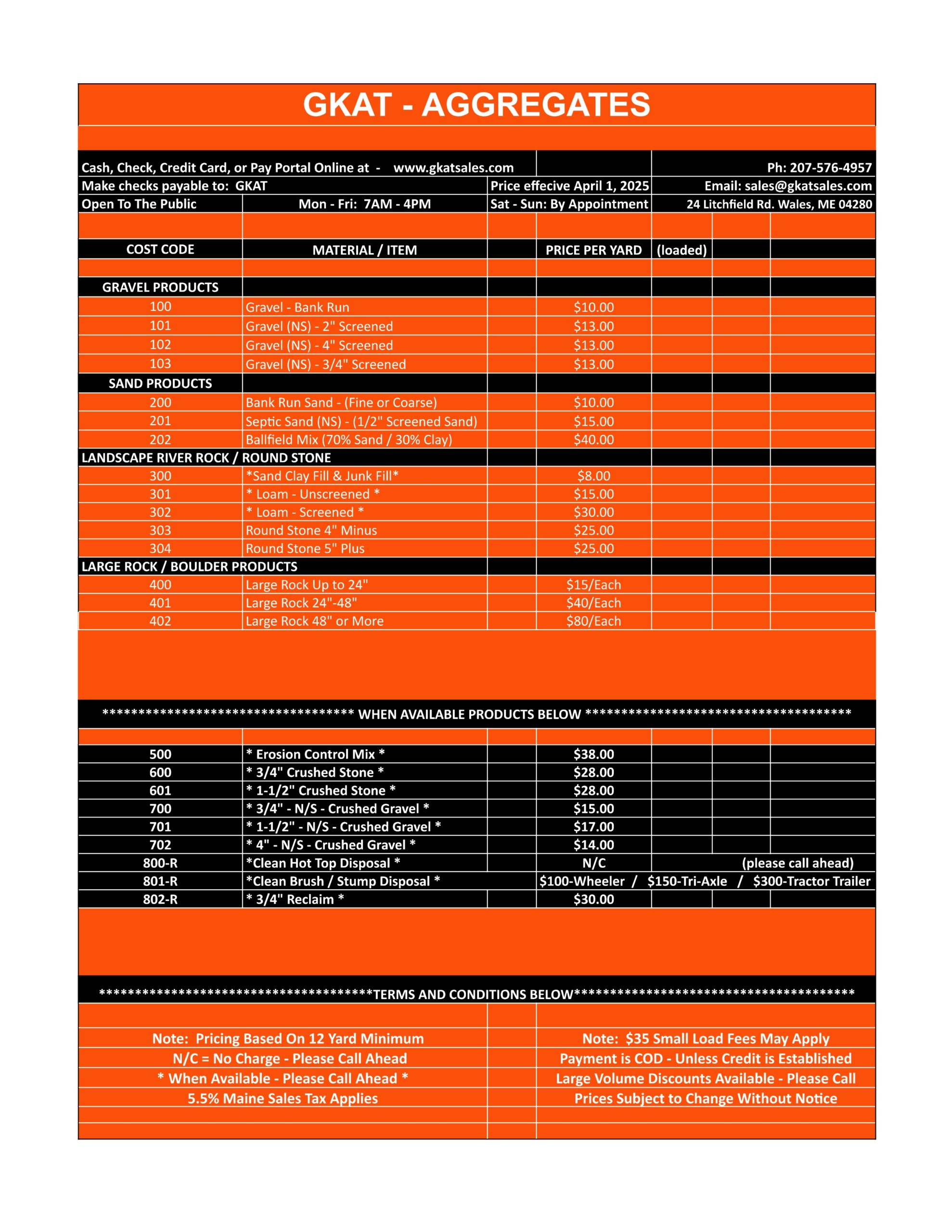 GKAT Aggregates-Price Sheet - A Maine sand and gravel pit located near the Sabattus and Wales town line.